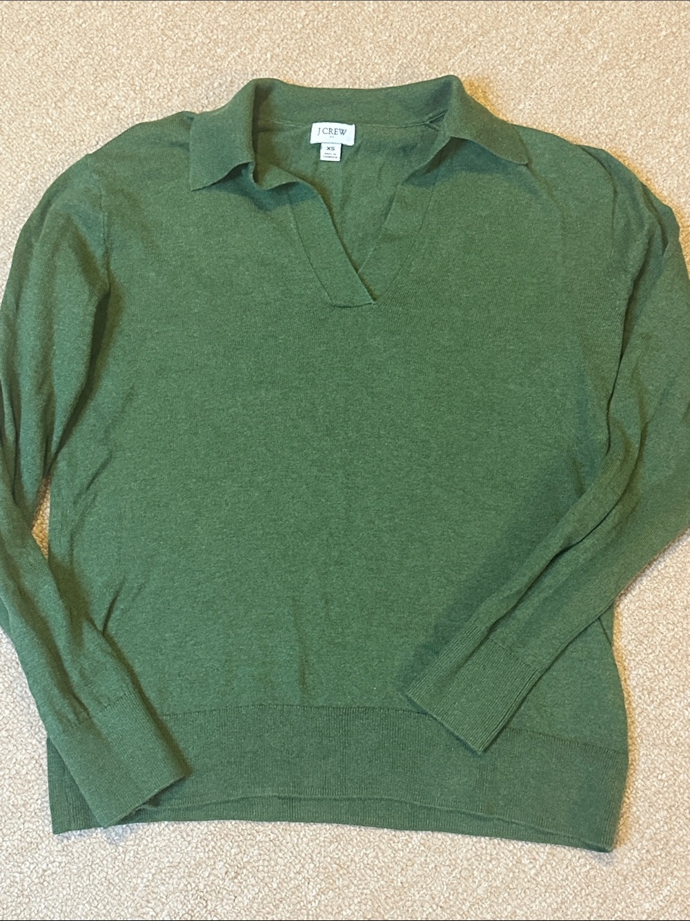 J. Crew Green Collared V-Neck Pullover Sweater XS Soft Lightweight Polo
